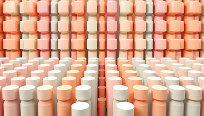 Three dimensional pattern of rows of pastel colored cylinders isolated with white highlights, png