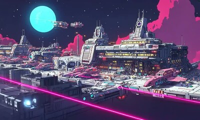 Wall Mural - Futuristic space station with starships and a moon illustration cartoon with ai generated.
