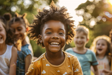 Happy child with curly hair smiling in joyful group of friends