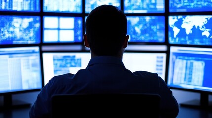 Poster - A Silhouetted Man Sitting Before Multiple Computer Monitors Displaying Data
