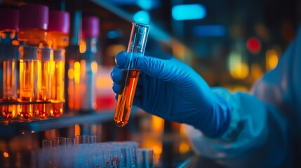 Gloved hand holding test tube with orange liquid in scientific laboratory, surrounded by colorful glassware and blurred lights, depicting research.