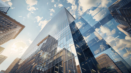 Modern skyscrapers reflect sky in vibrant urban setting