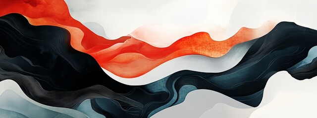 Poster - abstract waves in vibrant hues of red, black, and blue flow seamlessly across a soft white backgroun