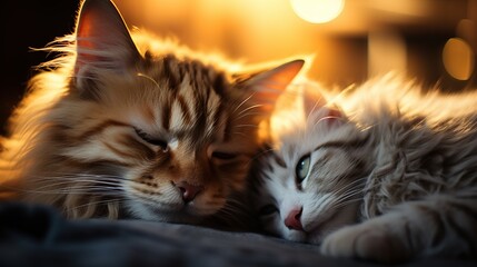 Wall Mural - Two fluffy cats cuddled together, illuminated by warm, golden light.