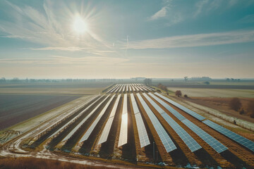 Aerial view of solar panels in vast field under bright sun