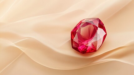 Poster - a stunning red gem placed elegantly on soft beige fabric, highlighting its brilliance and intricate 