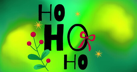 Poster - Image of ho ho ho text over shapes on green background at christmas