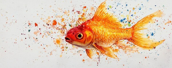 Vibrant goldfish swimming amidst colorful splashes of paint on a white isolated background.