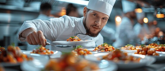 Professional Chef Preparing Fresh Gourmet Dishes in Modern Restaurant Kitchen