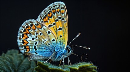 Wall Mural - A vibrant blue, orange, and black butterfly with white spots rests on a green leaf against a black background.