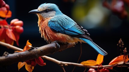 Wall Mural - A vibrantly colored blue and orange bird perches on a branch with red berries in the background.