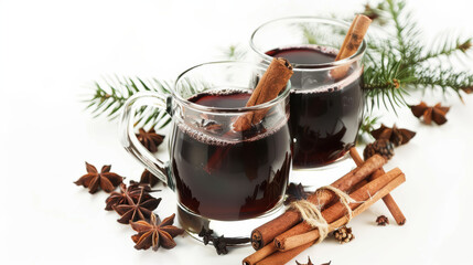 Warm and inviting, this features two glasses of spiced mulled wine garnished with cinnamon sticks, surrounded by aromatic spices and evergreen branches, perfect for cozy gatherings