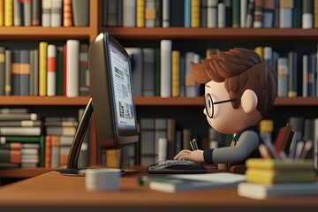 Poster - a cartoon character sitting at a computer in front of a bookshelf