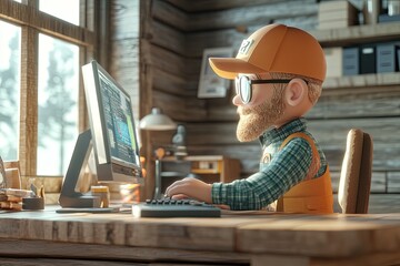 Canvas Print - a man wearing a hard hat sitting in front of a computer