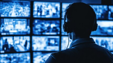 Poster - Silhouetted Person Monitoring Multiple Screens in Blue Light