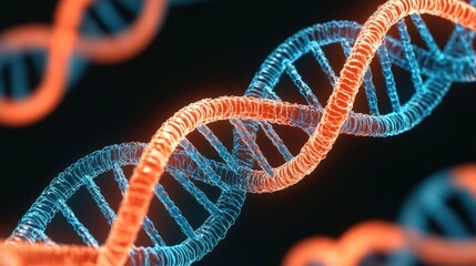 Poster - A close-up view of a colorful DNA double helix structure, showcasing intricate details in vibrant blue and orange light.