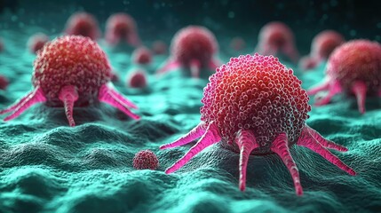 Poster - Detailed illustration of cancer cells exhibiting unique structures and colors, highlighting their biological complexity and behavior.