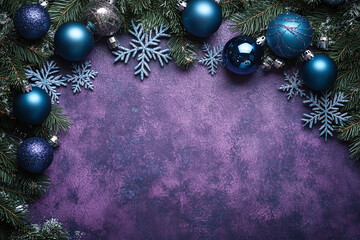 Dark purple background with silver tinsel, blue ornaments, and snowflakes.