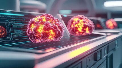 Poster - Futuristic digital representation of a brain, glowing with vibrant colors, set in a high-tech laboratory environment.