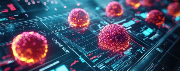 Poster - Close-up view of digital cells on a futuristic interface, showcasing technology and biology integration in a vibrant, modern design.