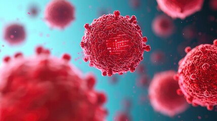 Aufkleber - Close-up of a vibrant red virus, depicting intricate details and structures in a microscopic view. Perfect for medical and science themes.
