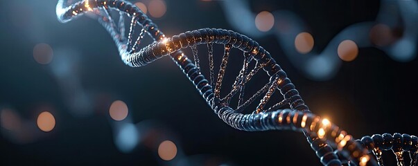 Poster - Close-up view of a DNA strand glowing in the dark, showcasing the intricate structure of genetic material and modern science.