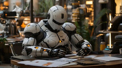 Fototapete - A Humanoid Robot Dressed in White Armor Sitting at a Desk