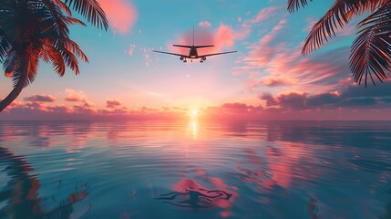 Airplane flying over the sea with palm trees