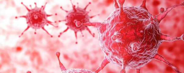 Poster - Close-up view of viral particles in a red environment, illustrating the complexity and scale of microorganisms in biology.