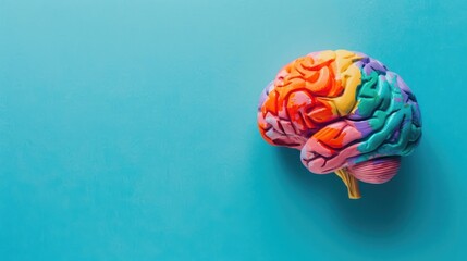 Abstract rainbow-colored brain model on a blue background. Educational neuroscience concept for banner and poster with copy space.