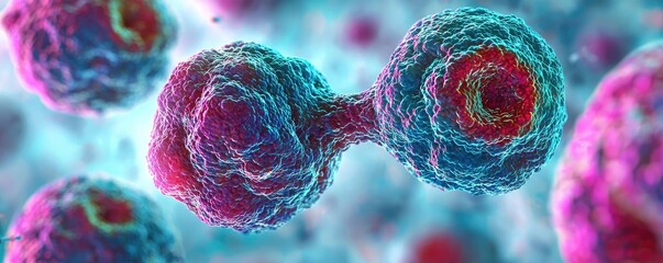 Poster - A vivid portrayal of cell division, showcasing the intricate structures and vibrant colors of biological processes under a microscope.