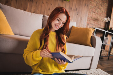 Sticker - Photo of pretty young woman enjoy read book wear yellow pullover loft interior apartment indoors