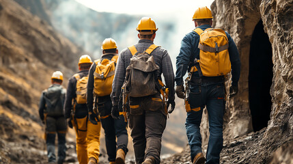 Miners in work gear walking towards a mine entrance in a mountainous area.