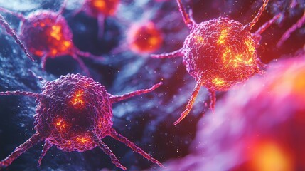 Poster - Close-up view of colorful cells with glowing particles, showcasing intricate structures and patterns in a microscopic world.