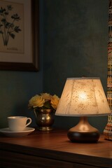 A Table lamp that is on a table with books and a plant on it.