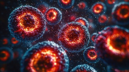 Poster - Close-up of vibrant, microscopic cells with intricate details on a dark background.