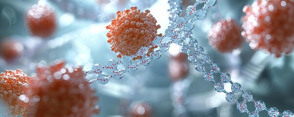 Poster - Close-up of virus structures interacting with DNA strands on a soft blue background.