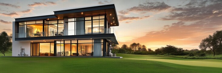 A modern glass house with warm lights sits on a grassy field under a sunset sky.