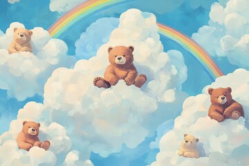 Canvas Print - a painting of teddy bears sitting on clouds with a rainbow in the background