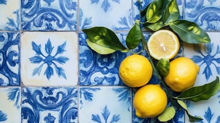 Poster - fresh lemons and vibrant blue tiles create a refreshing composition in a rustic kitchen