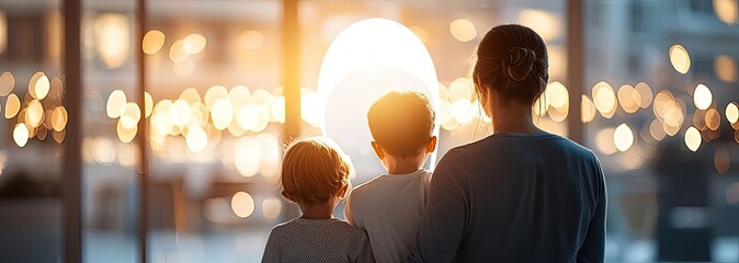 A mother and her children observing a beautiful sunset together, warm family moment.