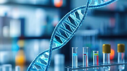 Poster - DNA double helix structure with test tubes in laboratory environment, white isolate background.
