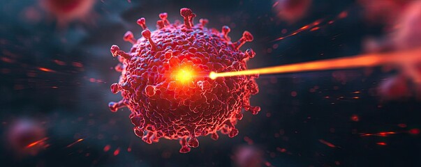 Poster - 3D illustration of a virus being targeted by a laser beam.