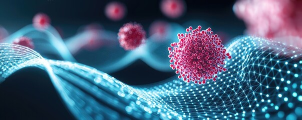 Poster - Abstract representation of viruses in digital space with colorful particles.