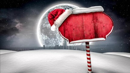 Poster - Animation of snow falling over sign with copy space and santa hat