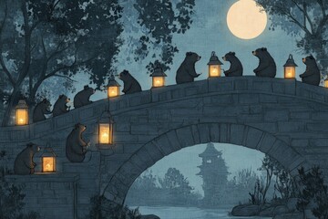 a painting of bears on a bridge with lanterns