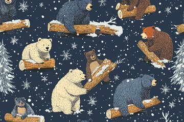 Canvas Print - a group of bears sitting on logs in the snow