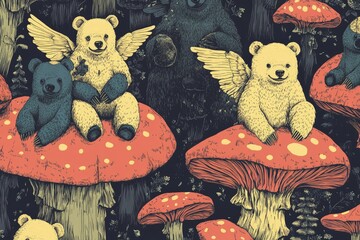 Canvas Print - a group of bears sitting on top of a mushroom