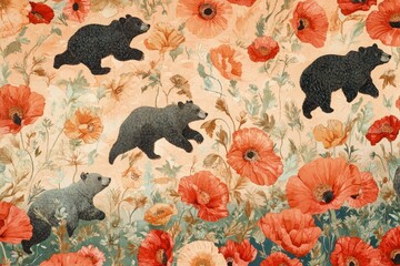 Canvas Print - a picture of two bears in a field of flowers