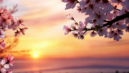 Wall Mural - Cherry blossoms frame a vibrant sunset over the horizon